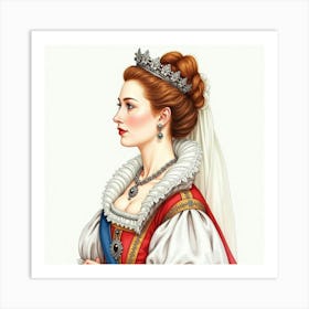 Elegant Watercolor Depiction Of Queen Elizabeth I, Highlighting Her Beauty 1 Art Print