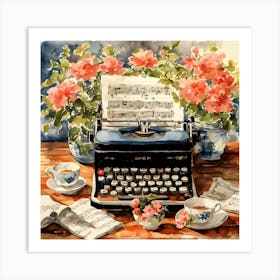 Typewriter And Flowers Art Print