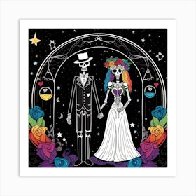 Day Of The Dead Wedding whimsical minimalistic line art rainbow Art Print