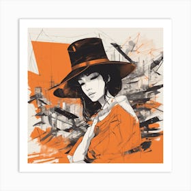 A Silhouette Of A Boy Wearing A Black Hat And Laying On Her Back On A Orange Screen, In The Style Of Art Print