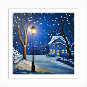 Magical Winter Night Painting Snowfall And Warm Glow Art Print