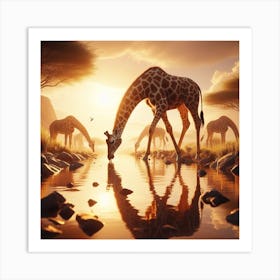 Giraffes Drinking Water 1 Art Print