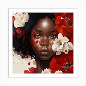 Black Girl With Red Flowers Art Print