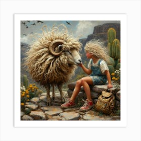 Girl And A Sheep Art Print