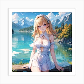 A Serene Girl, Surrounded By Mountains, Admiring The Beauty Of Nature By The Lakeside Art Print