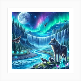 Wolf Family by Crystal Waterfall Under Full Moon and Aurora Borealis 2 Art Print