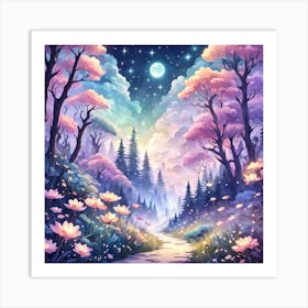 A Fantasy Forest With Twinkling Stars In Pastel Tone Square Composition 362 Art Print