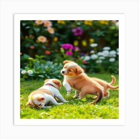 Puppies and kittens in beautiful green garden 3 Art Print