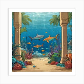 Default Aquarium With Coral Fishsome Shark Fishes View From Th 2 Art Print