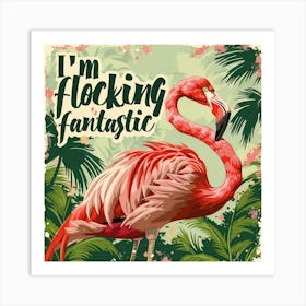 Flat 2d Illustration Of A Pink Flamingo Surrounded By Green Palm Trees, Bold, Creative, On A White Background, Place The Phrase I M Flocking Fantastic Next To Flamingo Poster