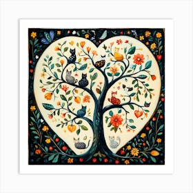 Folk Art Heart Tree Cat Climbing Artwork 1 Art Print