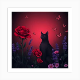 Black Cat With Roses And Butterflies Art Print