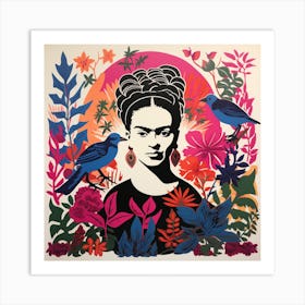 Frida Kahlo and Birds Lino Print Art Print