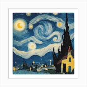 scene blending the swirling cosmic colors of Vincent van Gogh's Starry Night with the surreal celestial precision of Salvador Dalí. Art Print