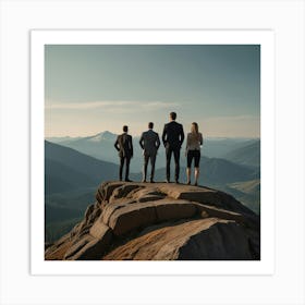 Businesspeople Standing On Top Of A Mountain Art Print