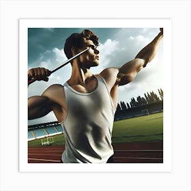 An Athlete Throwing A Javelin On A Sports Field 3 Art Print