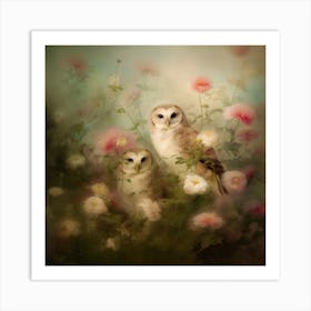 Barn Owls In Flowers Art Print