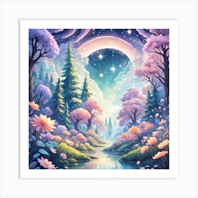 A Fantasy Forest With Twinkling Stars In Pastel Tone Square Composition 15 Art Print