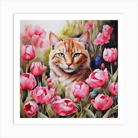 Cat In Pink Tulips Art Print