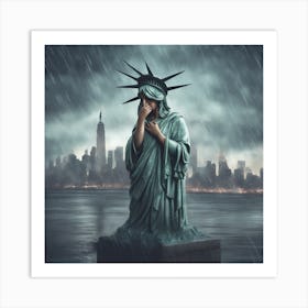 Statue Of Liberty Crying With Her Hands Covering Her Face, Raining Outside, City Background, Hyper R (3) Art Print