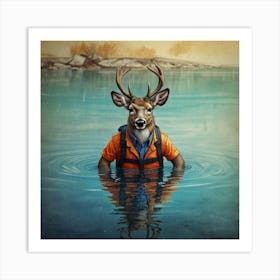 Deer In The Water 4 Art Print