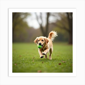 A Playful Golden Retriever Fetching A Ball 1 Art Print