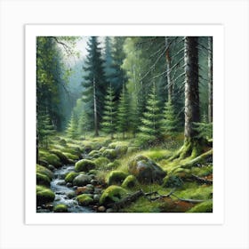 Stream In The Forest, Acrylic Painting Style 6 Art Print