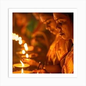 Women Lighting Candles Art Print