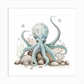 Sleepy Storybook Style Octopus On The Rocks 3 Art Print
