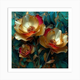 Gold Flowers On A Turquoise Background Art Print