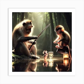 Monkeys Playing In The Water Art Print