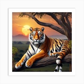 Savana ,tiger, sunset, trees,  Art Print