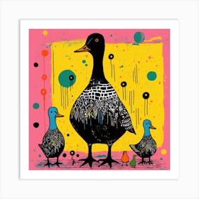 Sunset Linocut Style Duckling  3 Art Print