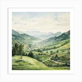 A Water Color Painting Of Green Hills One After Another. Fading view. Art Print