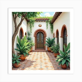 Spanish Courtyard With Decorative Tiles And Lush Plants In Watercolor Art Print