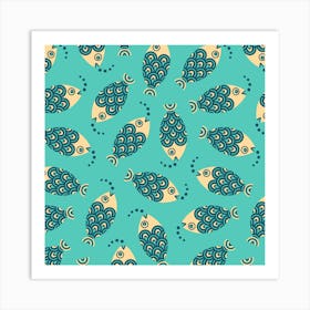 SWIMMING FISH Retro Geometric Undersea Ocean Sea Life in Blue Cream Aqua Turquoise Art Print