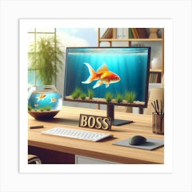 Office Desk With Goldfish Art Print
