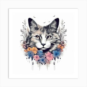 Cat With Flowers 1 Art Print