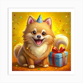 Pomeranian Puppy In A Birthday Hat With A Gift Art Print