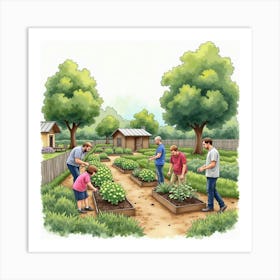 Watercolor Painting Of An English Community Garden With People Planting And Harvesting 1 Art Print