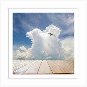 Bird Flying Over A Wooden Table Art Print