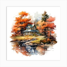 Autumn House By The Lake Art Print