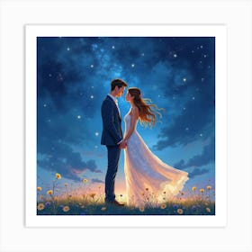 Lovely Couple In Watercolor Fashion, Dreamy Starlit Night 1 Art Print