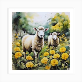 Two Sheep In Yellow Flowers Art Print