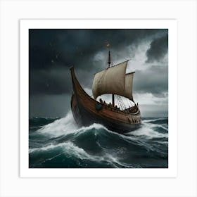 Viking Ship In Stormy Sea 1 Art Print