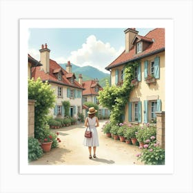 French Lady In A Picturesque Village, Watercolor With Quaint And Charming Details 1 Art Print