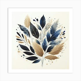 Blue And Gold Leaves 1 Art Print