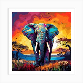 Elephant At Sunset Art Print