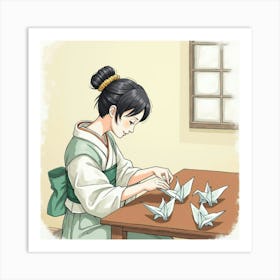 A Japanese Woman Arranging Delicate Paper Cranes On A Wooden Table, Peaceful Scene, Watercolor Art Art Print