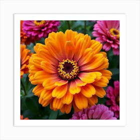 A Vibrant Collection Of Blooming Zinnias In Bright, Cheerful Colors 2 Art Print